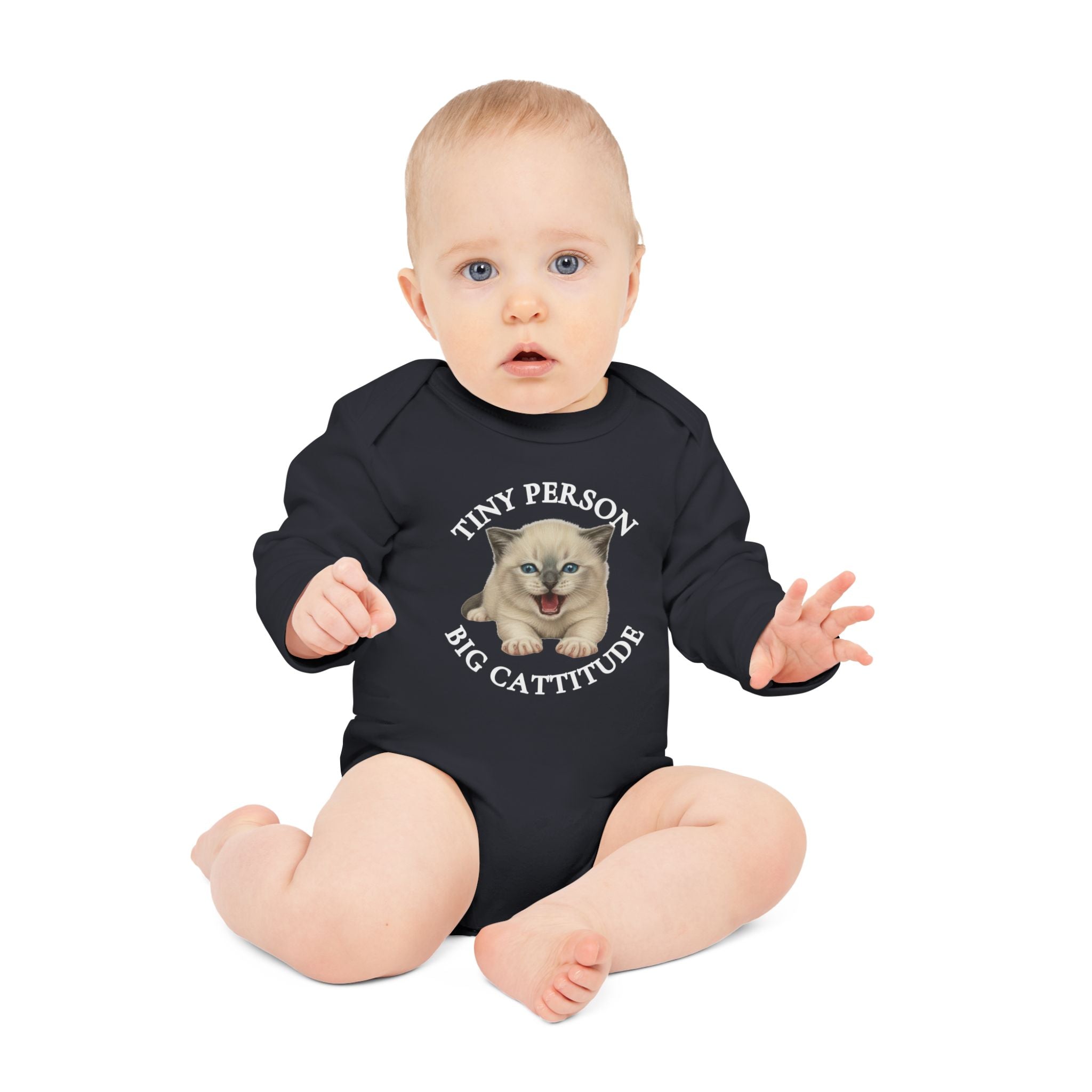 Tiny person. Big cattitude. - Baby Long-Sleeve Organic Bodysuit