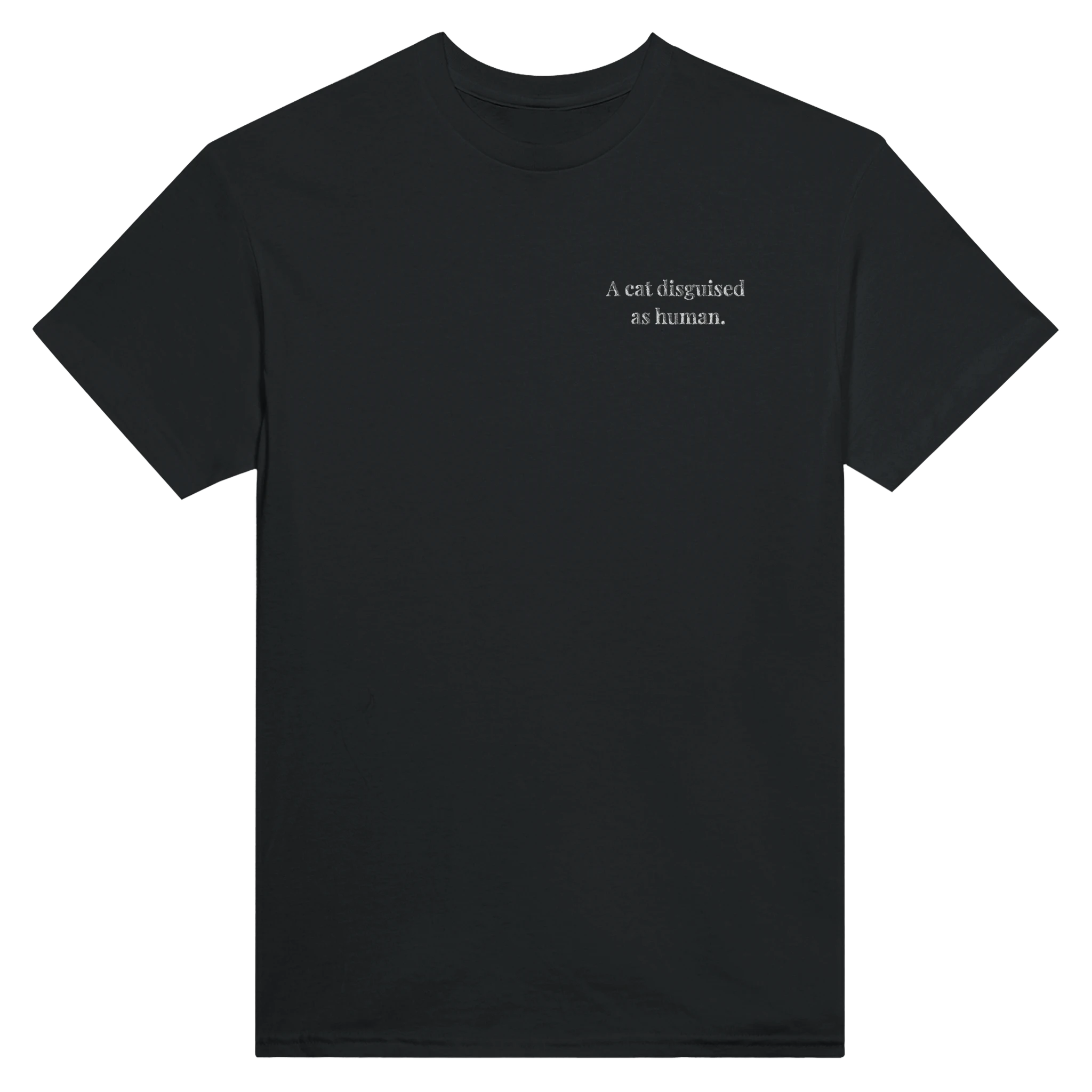 embroidered cat disguised as human t-shirt – minimalist embroidered cat design on heavyweight tee