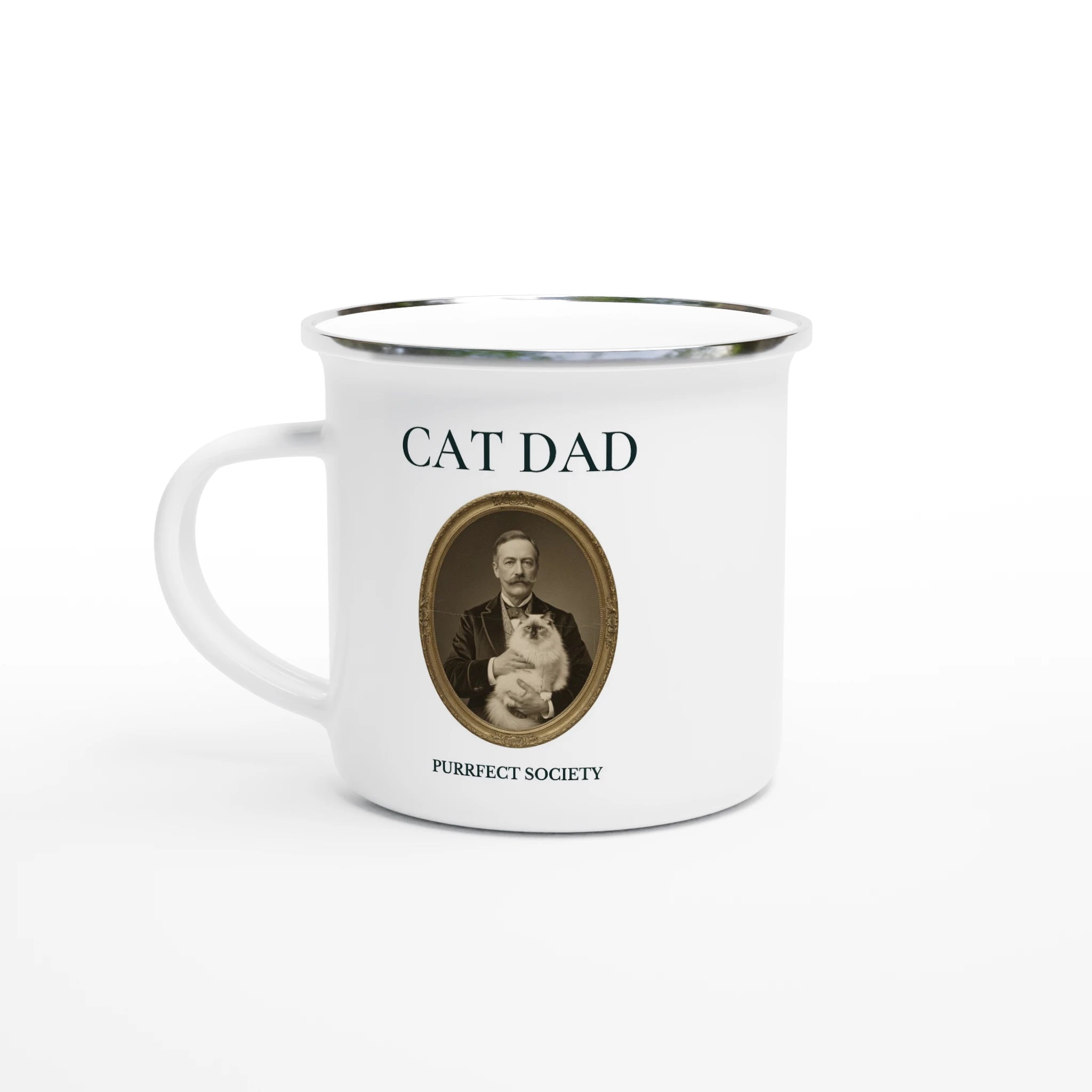 cat dad enamel mug – minimalist cat lover design on durable camping mug