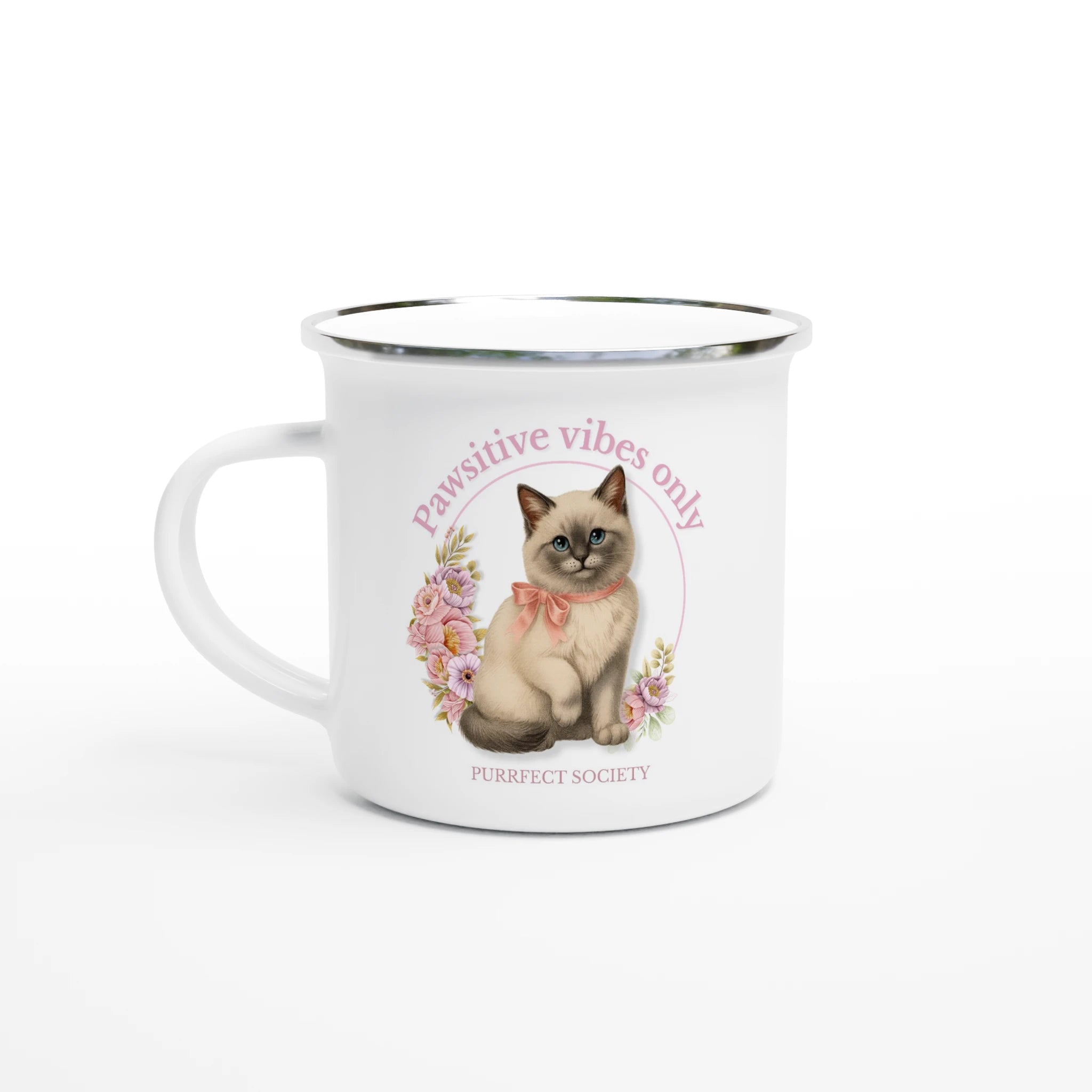pawstivive vibes only enamel mug – cute cat-themed enamel cup with uplifting message