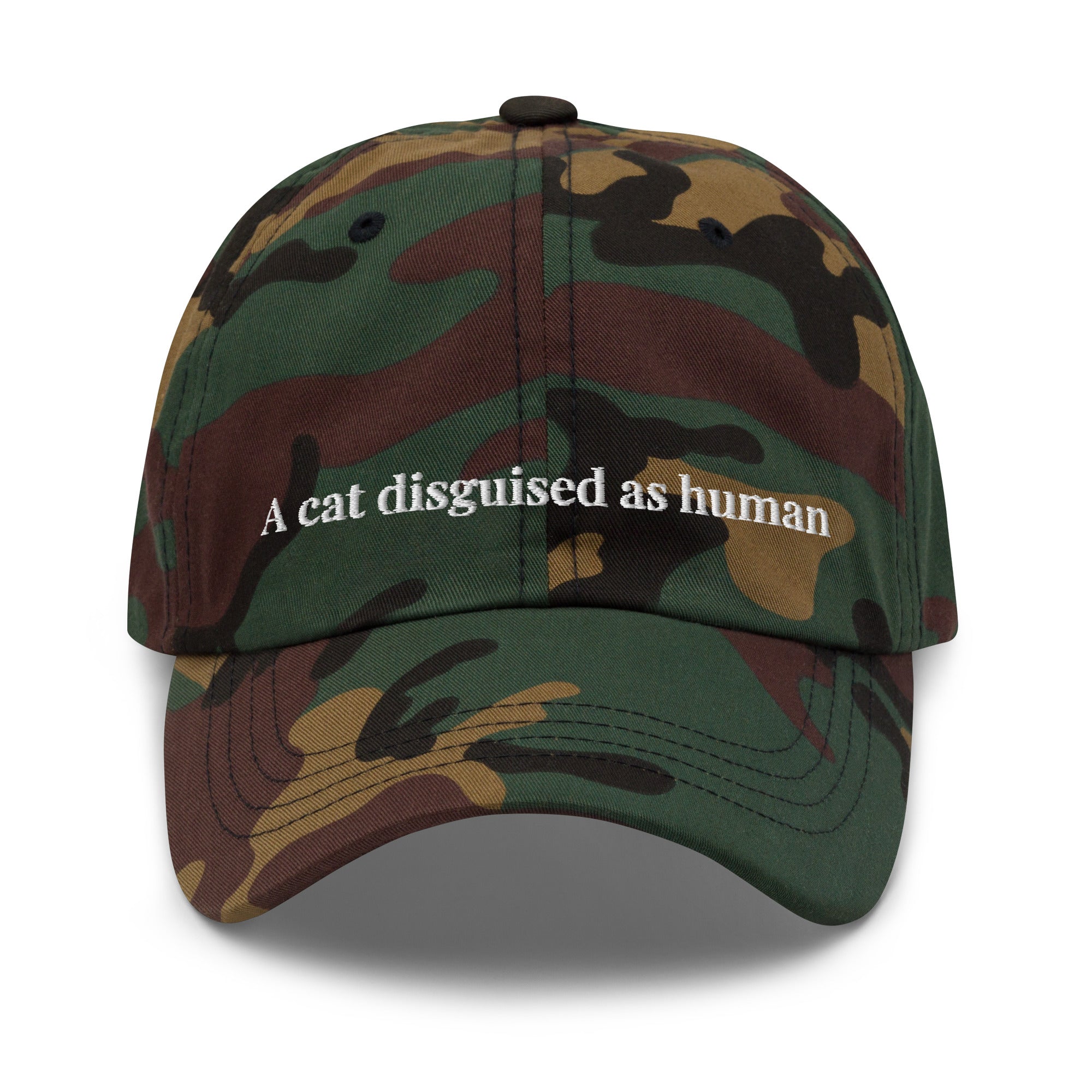 at disguised as human embroidered cotton cap – minimalist embroidered cat face hat army
