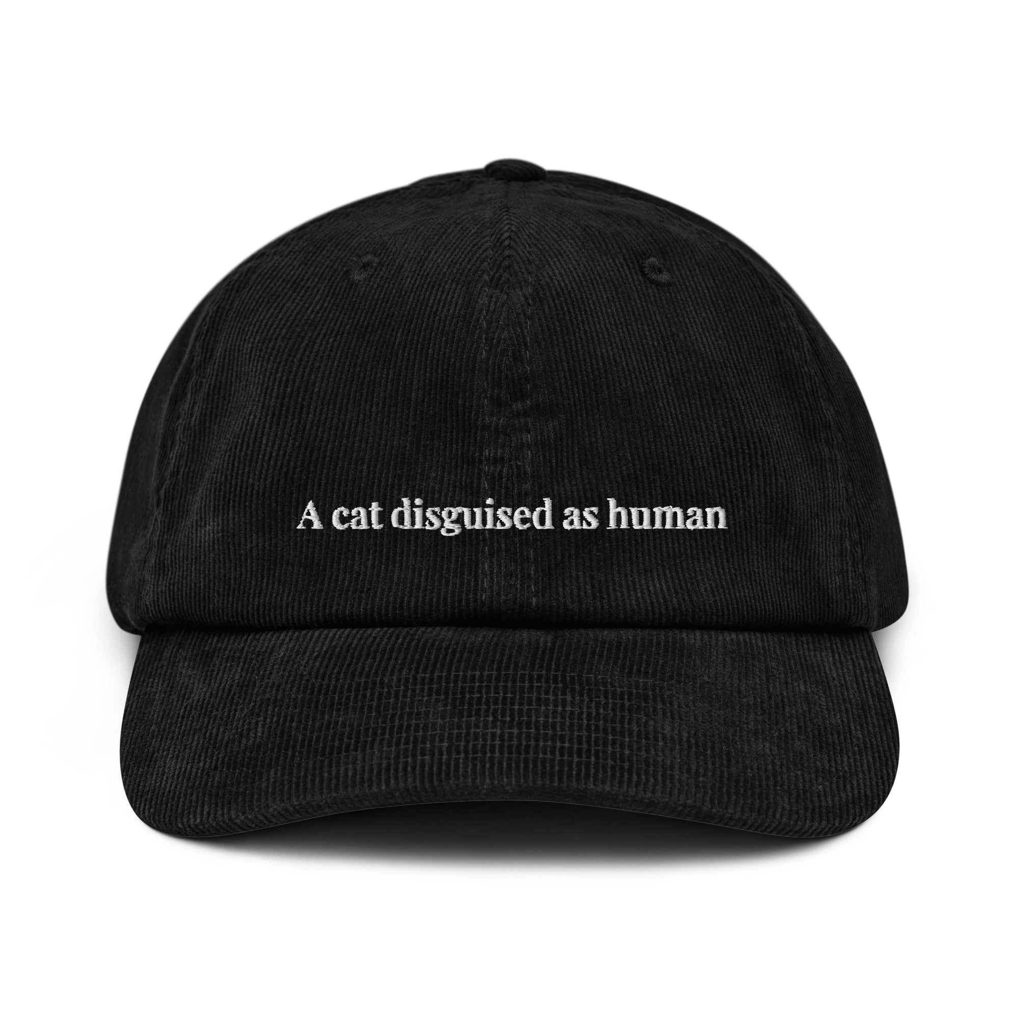 corduroy cap with embroidered cat disguised as human design – aesthetic textured cat hat black