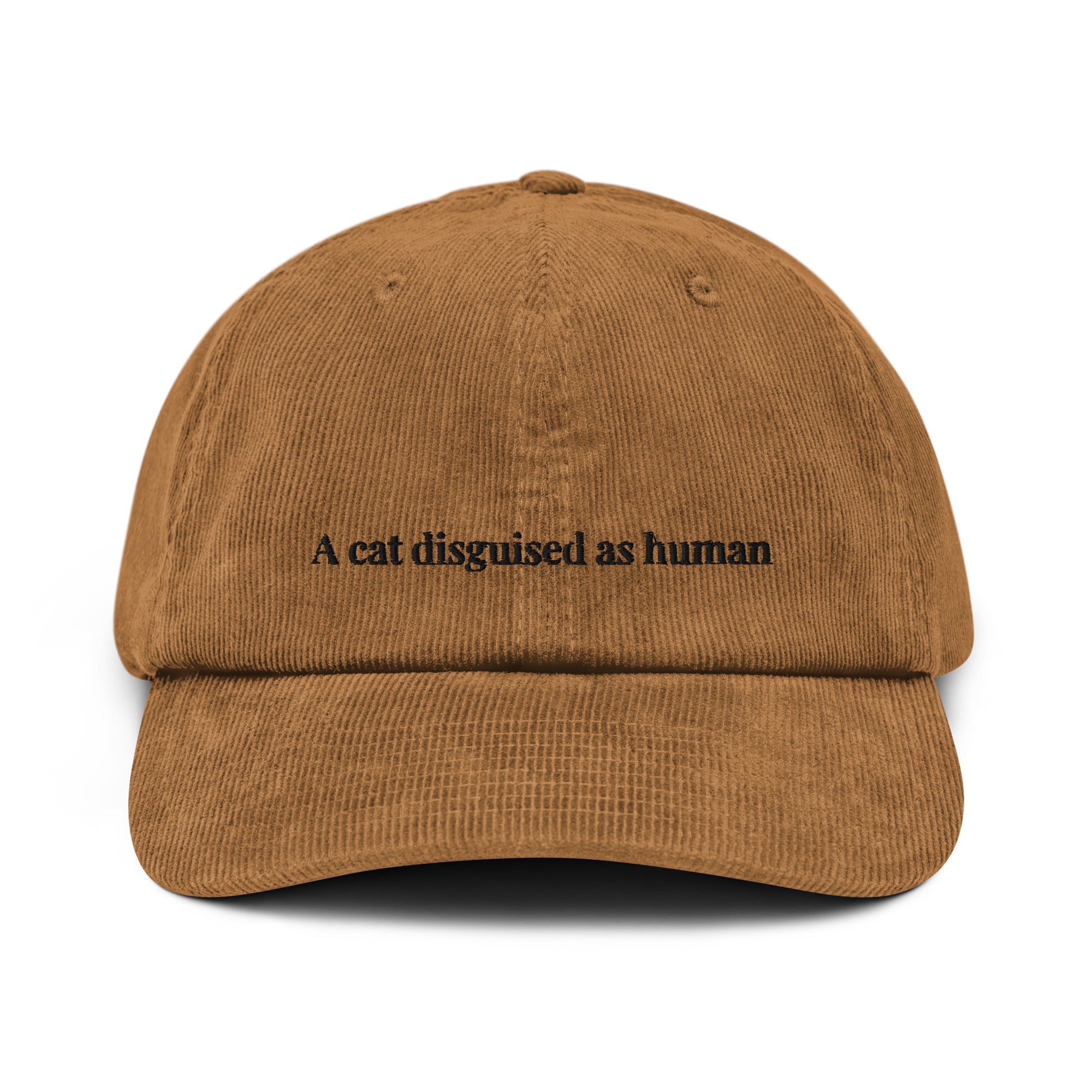 corduroy cap with embroidered cat disguised as human design – aesthetic textured cat hat