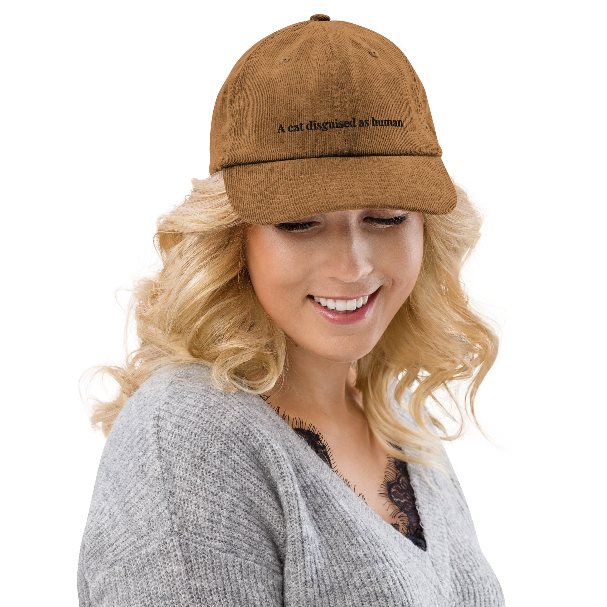 corduroy cap with embroidered cat disguised as human design – aesthetic textured cat hat brown beige