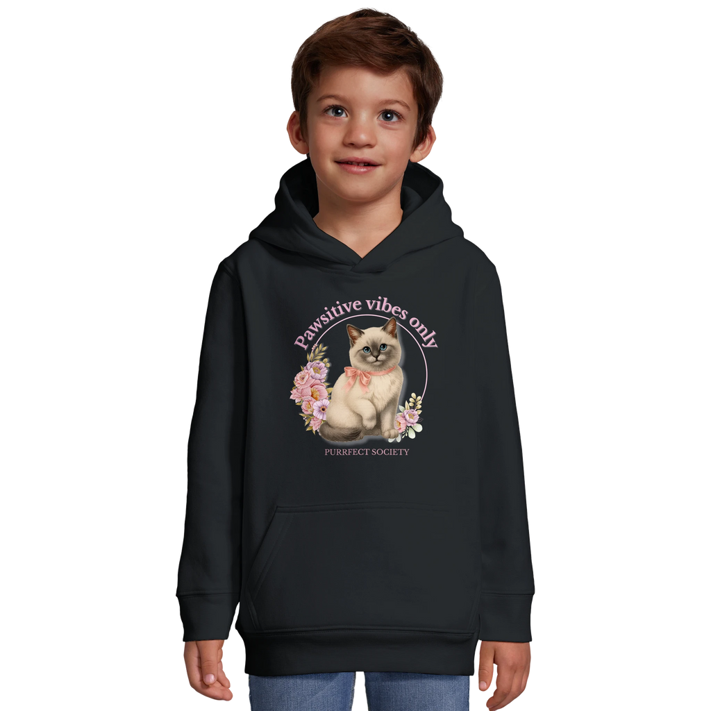 kids premium hoodie with pawstive vibes only cat design – cute uplifting cat print black