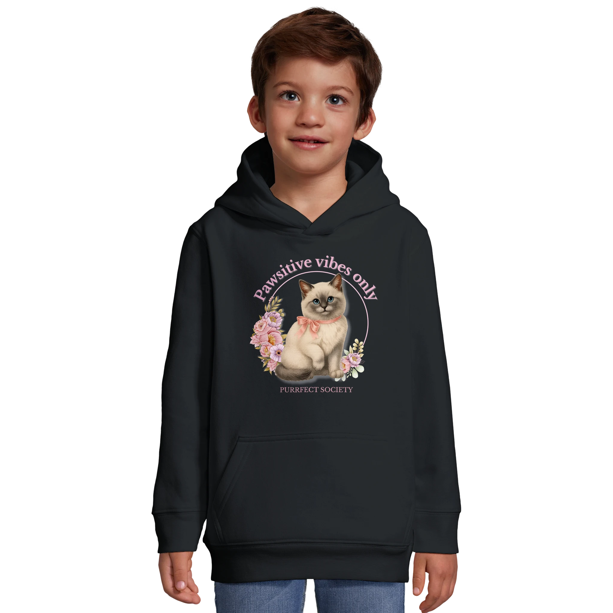kids premium hoodie with pawstive vibes only cat design – cute uplifting cat print black