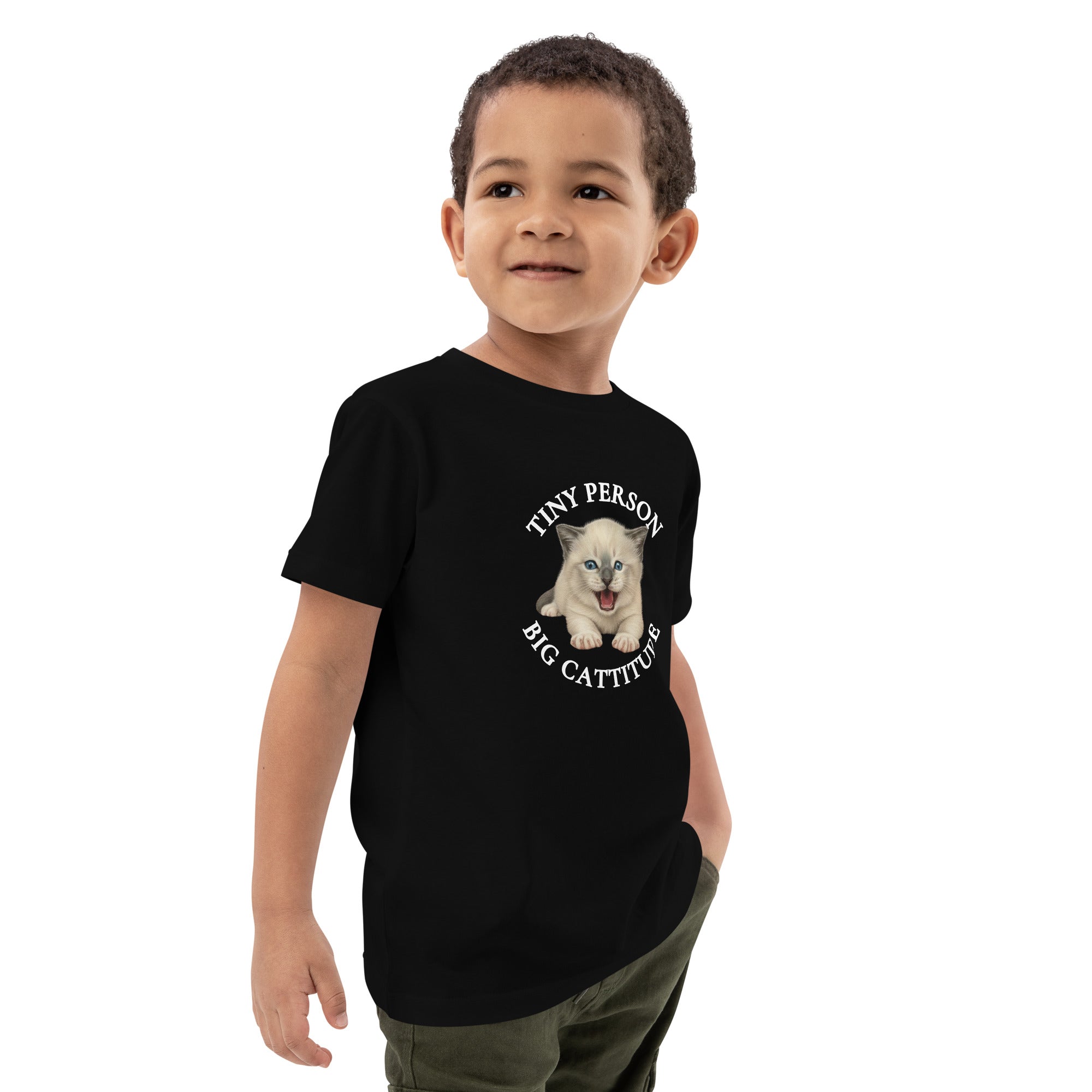 kids organic cotton t-shirt with tiny person big cattitude cat design – cute children’s tee