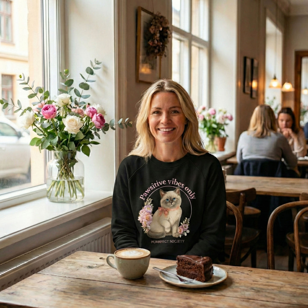 premium unisex sweatshirt with pawstivive vibes only cat design – cute aesthetic cat lover sweater black